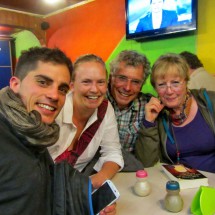 In our favoured Pizzeria close to our Hostal Crancy Croc in Bogota